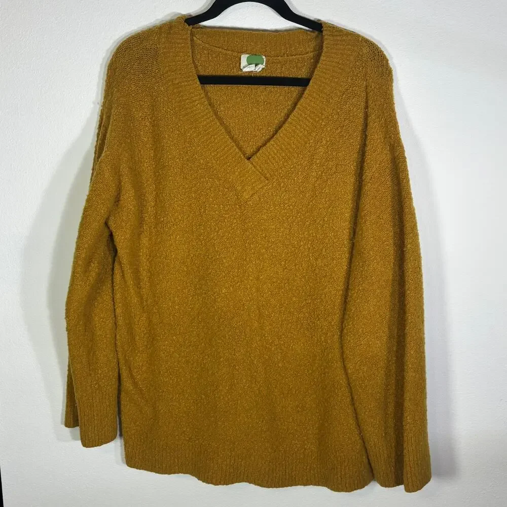 Anthropologie Womens XL Mustard Gold V-Neck Alpaca Wool Boucle Knit Sweater Top